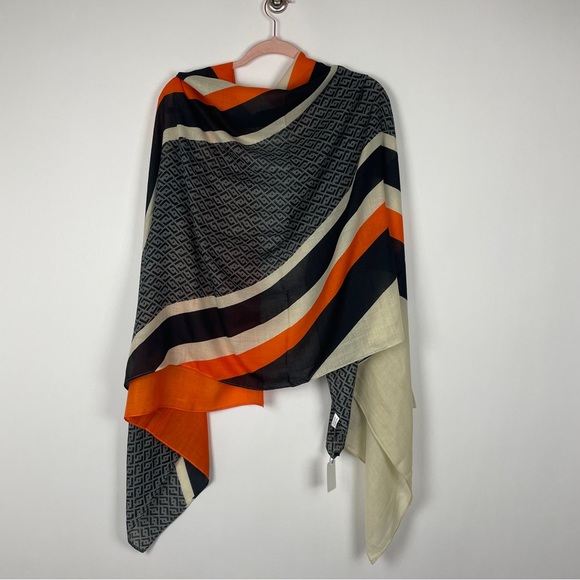 NEW Orange Black Cream Geometric Art Deco Printed Fashion Scarf - Picture 10 of 13